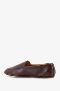Dark brown leather slip-on loafer with sleek minimalist design and subtle sheen loro piana women’s anton walk