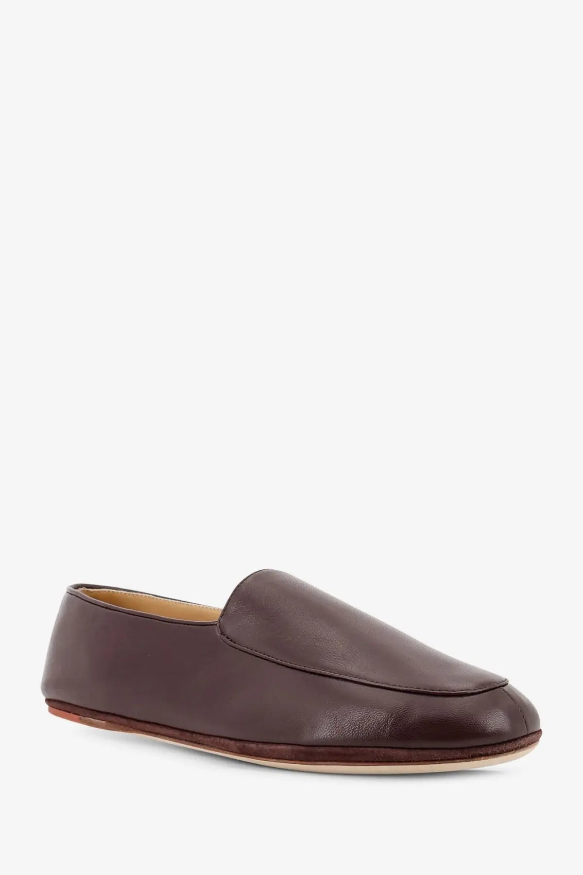 Loro Piana women’s anton walk leather loafers in dark aloe brown with smooth minimalist slip-on design and rounded toe