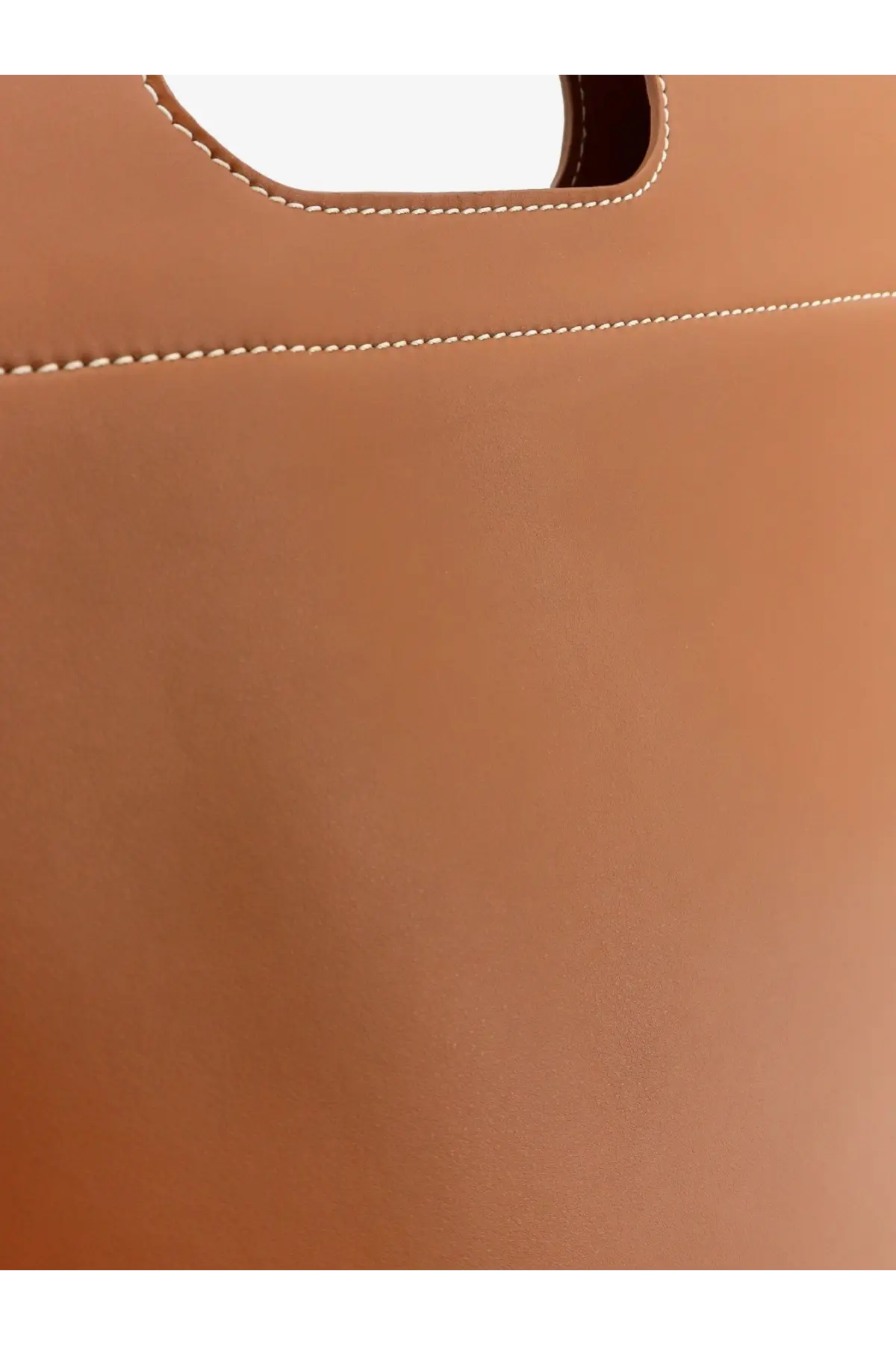 Tan leather tote bag with contrasting white stitching along handle and seams from Loro Piana Women’s Just Bag TART