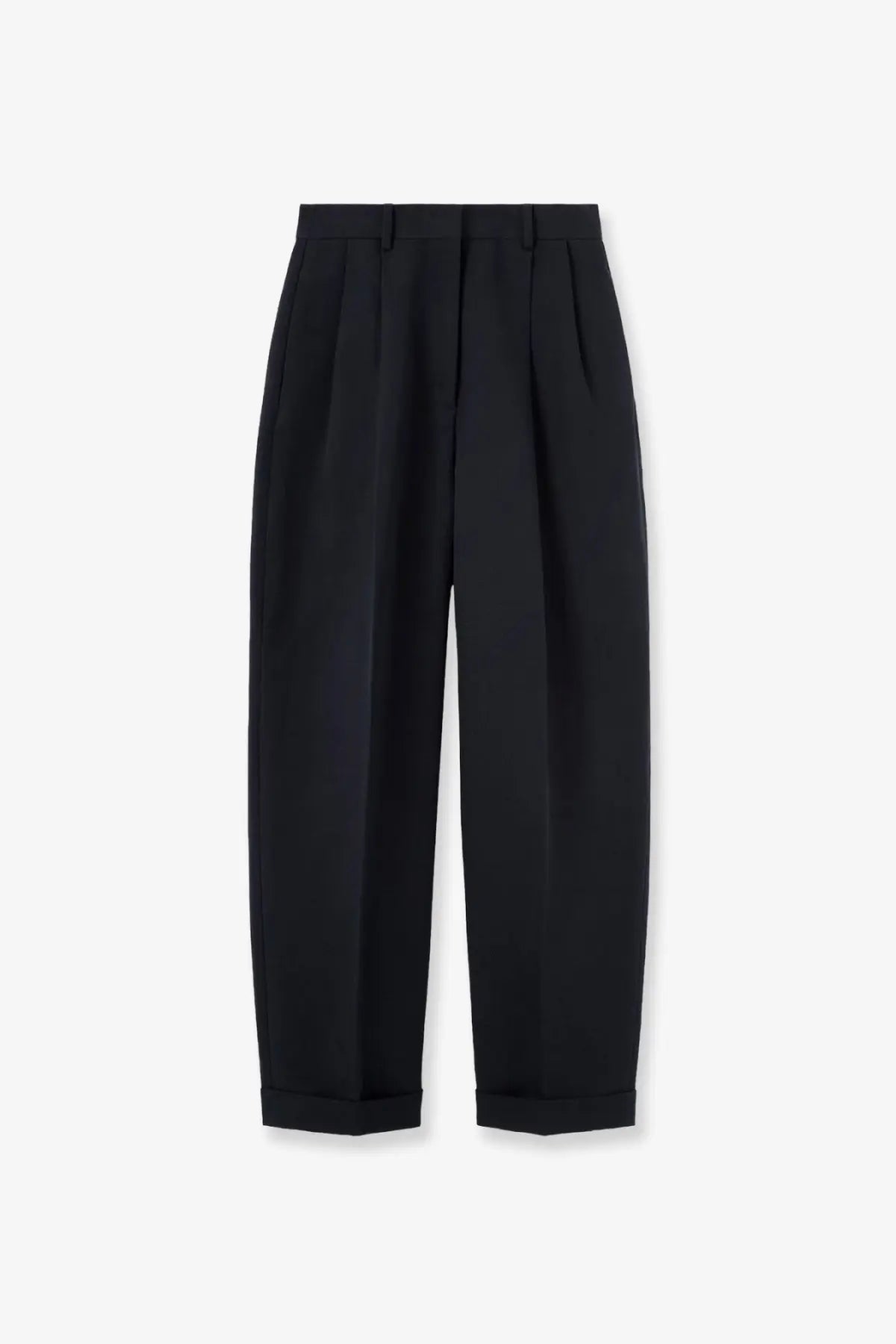 Black pleated tailored trousers with rolled cuffs styled for a sophisticated look in linen and cotton blend