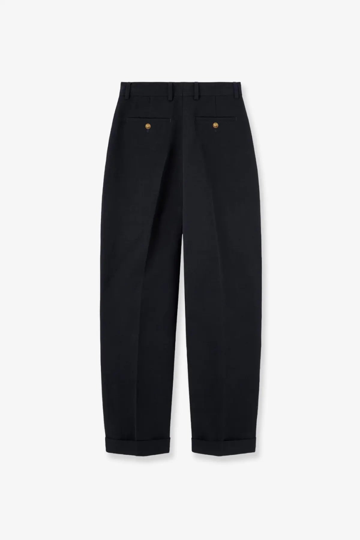 Back view of black tailored trousers with gold button details on pockets in loro piana womens cale linen and cotton style