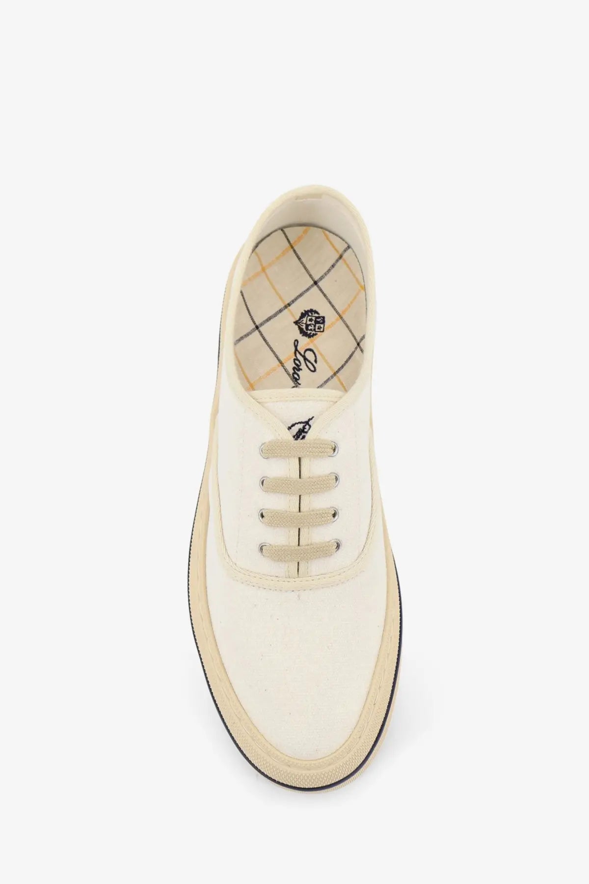 Loro piana women’s cream-colored canvas sneakers with beige laces and black rubber sole for casual wear
