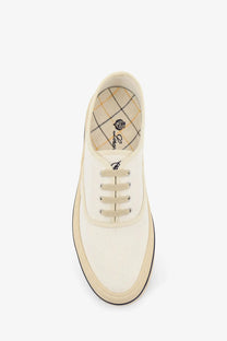 Loro piana women’s cream-colored canvas sneakers with beige laces and black rubber sole for casual wear