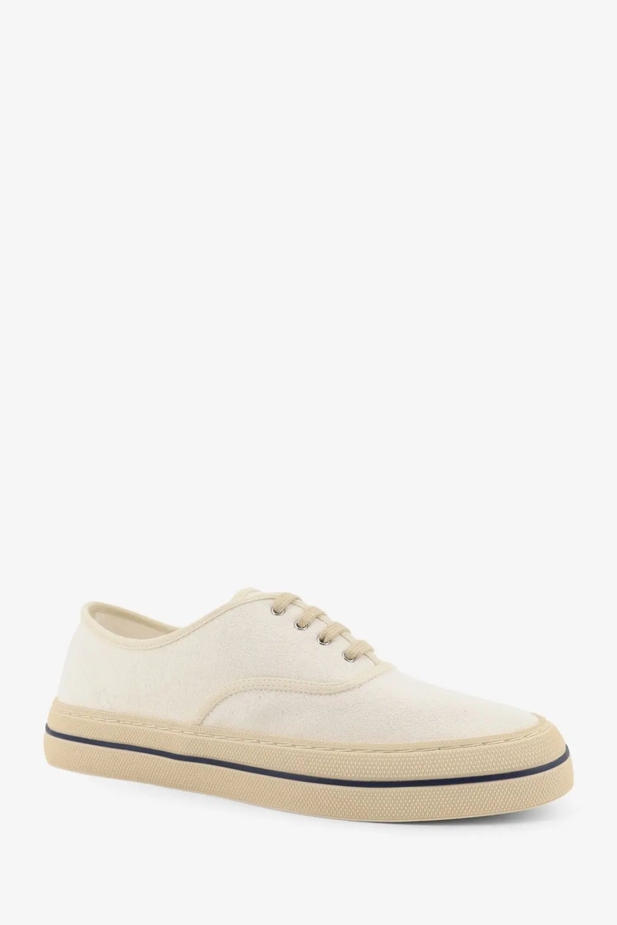 Loro piana women’s cream canvas low-top sneakers with beige rubber sole and black stitching detail