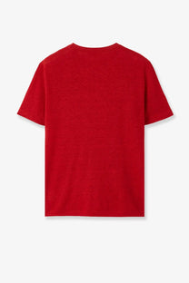 Red short-sleeved t-shirt with soft slightly textured fabric shown from the back in a loro piana women’s gargano linen shirt beige product image