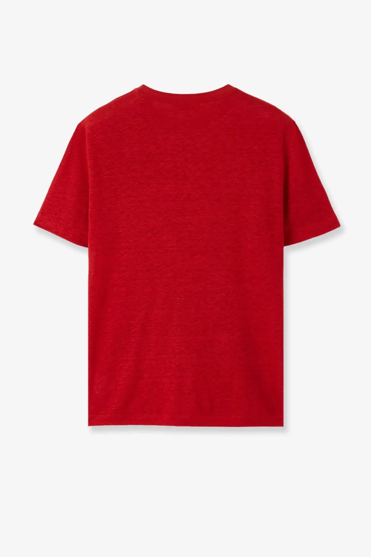 Red short-sleeved t-shirt with soft slightly textured fabric shown with loro piana women’s gargano linen shirt beige