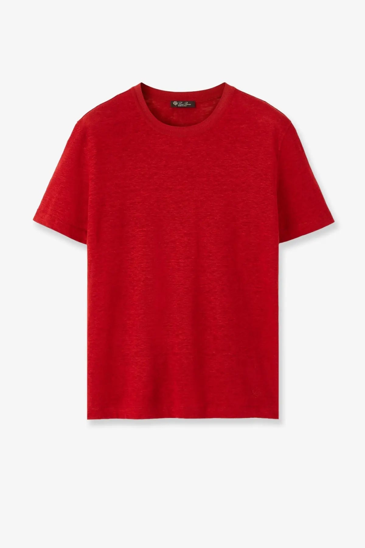 A vibrant red short-sleeved crew neck t-shirt made of soft textured fabric paired with a beige loro piana linen shirt