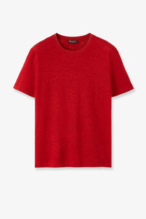 A vibrant red short-sleeved crew neck t-shirt made of soft textured fabric paired with a beige loro piana linen shirt