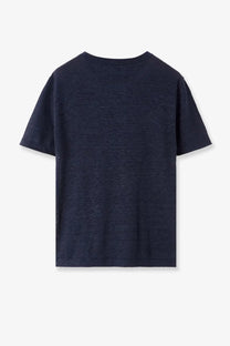 Loro Piana women’s Gargano linen shirt blue in dark blue with short sleeves and subtle textured fabric