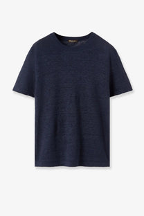 Navy blue short-sleeved Loro Piana women’s Gargano linen shirt with a subtle textured weave for lightweight comfort