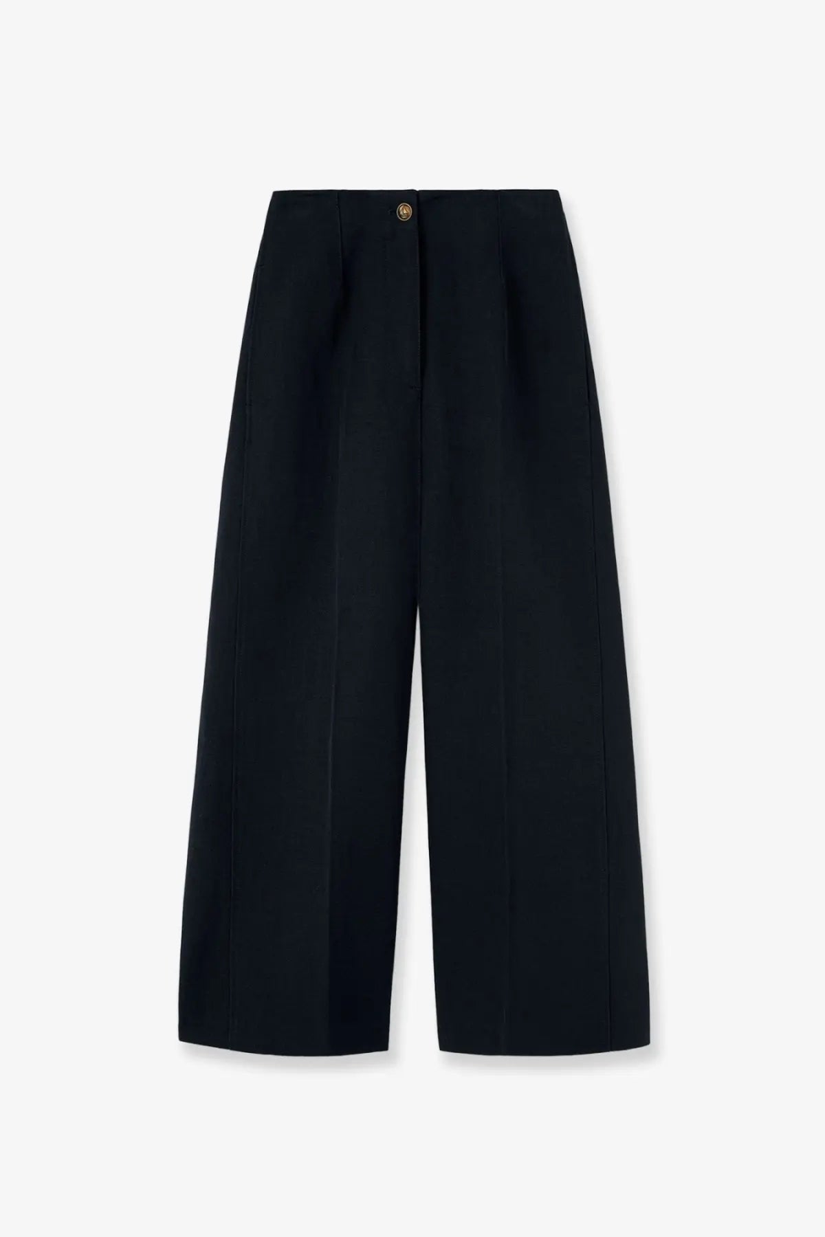 Black wide-leg trousers with gold-toned button at waistband in luxurious linen and cotton by loro piana