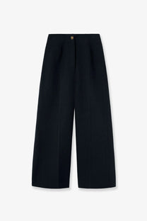 Black wide-leg trousers with gold-toned button at waistband in luxurious linen and cotton by loro piana