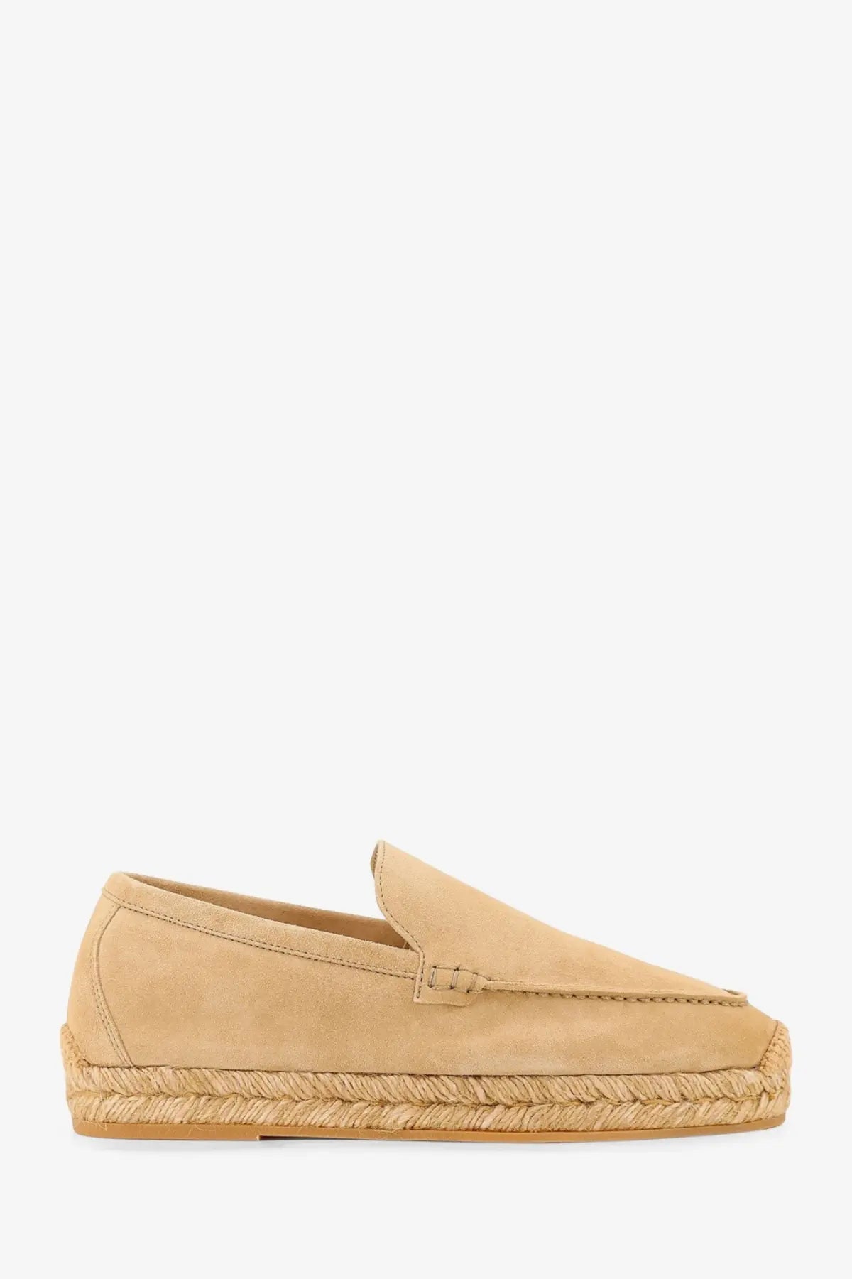 Beige suede espadrille loafer with woven jute sole from loro piana womens seaside walk collection
