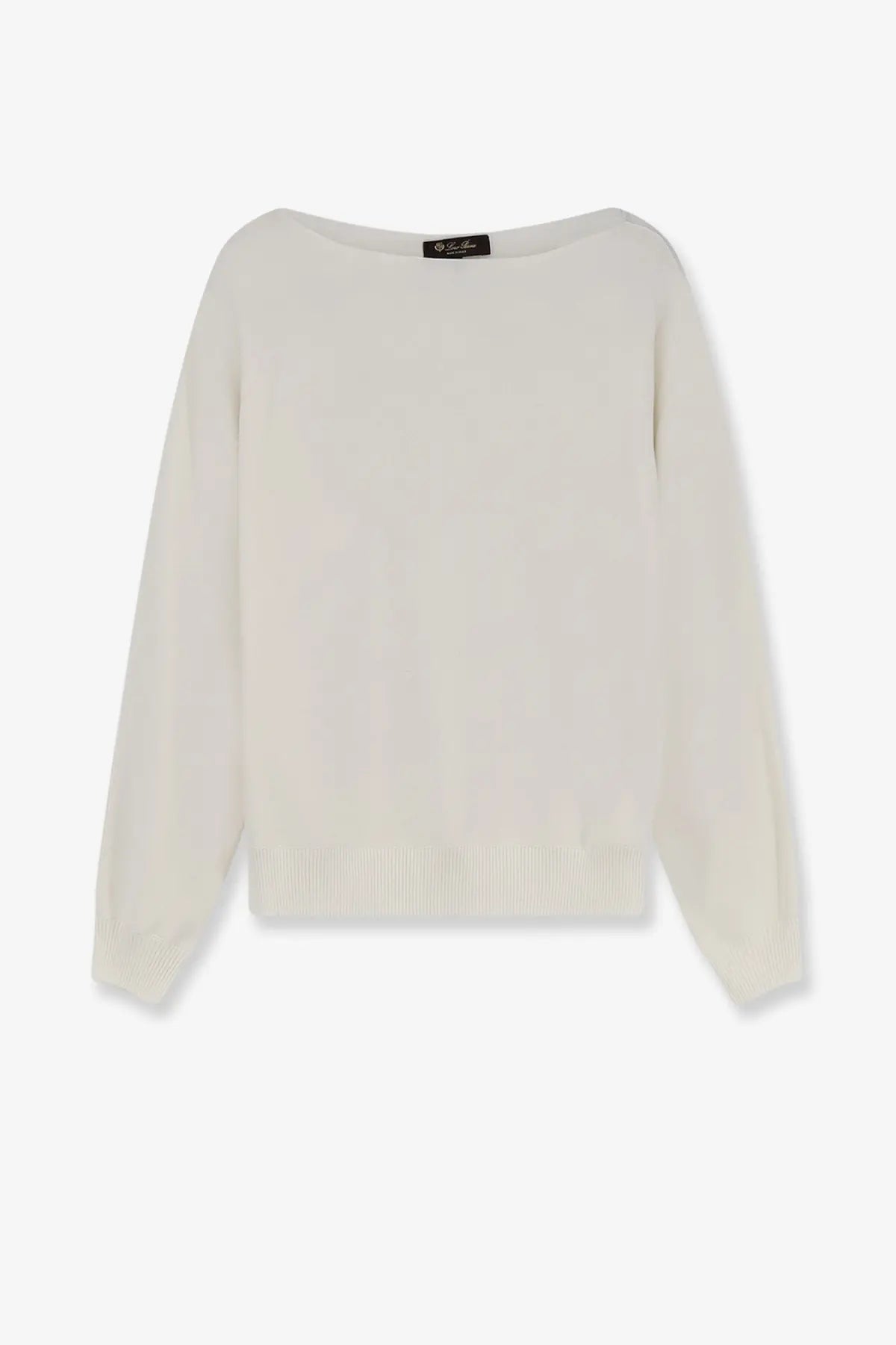 Off-white long-sleeved Loro Piana women’s siena silk and cotton sweater with boat neckline and ribbed cuffs