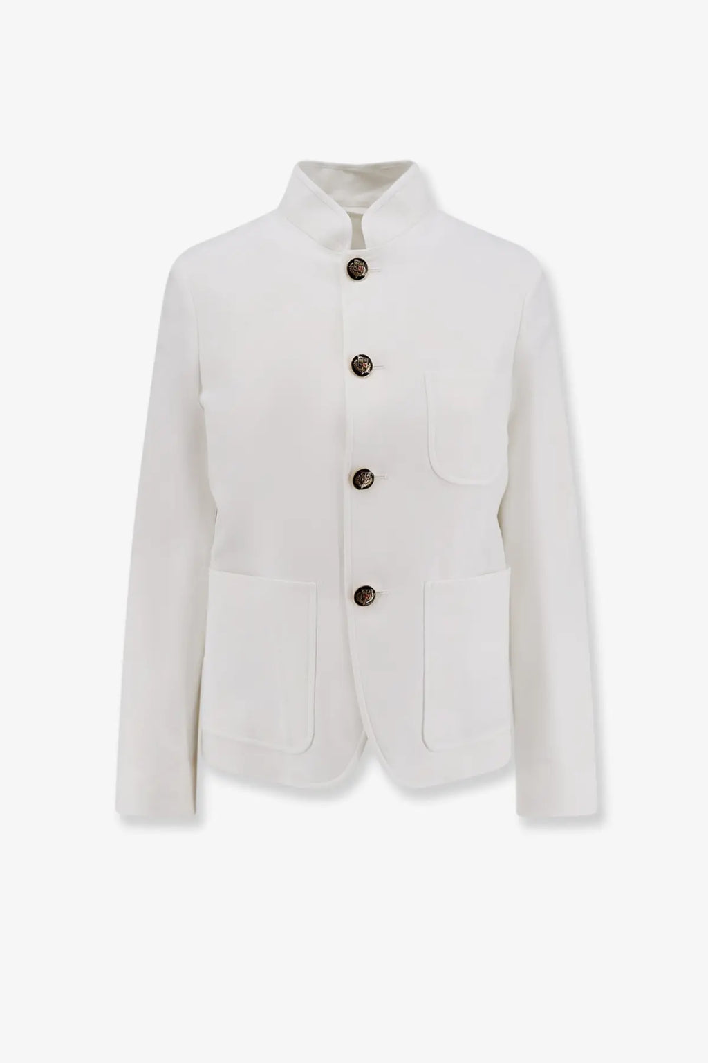 Loro Piana women’s Spagna crisp white linen blazer with mandarin collar and dark ornate buttons