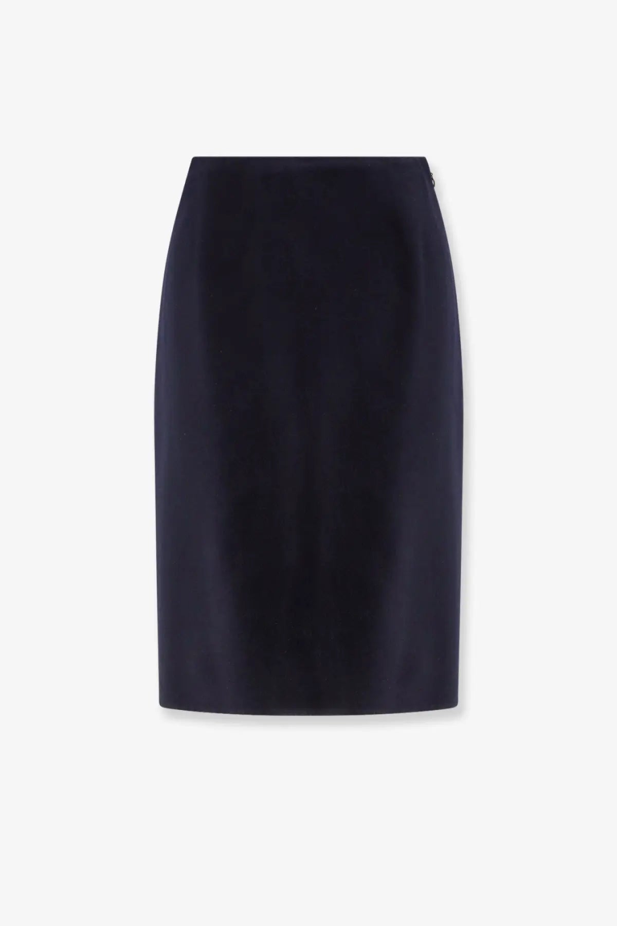 A sleek navy blue Loro Piana women’s Vivian cashmere pencil skirt with a smooth tailored silhouette and subtle sheen