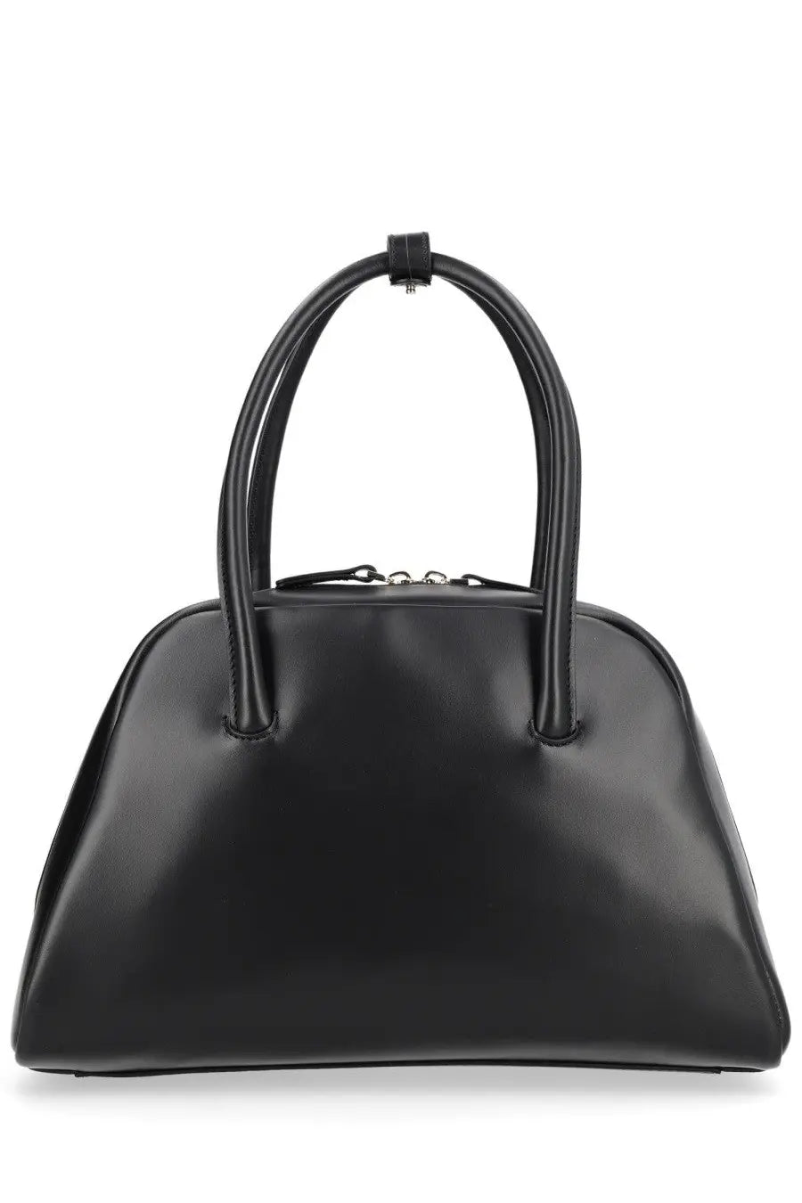 Loulou De Saison women’s borsa vesper small black patent leather satchel with curved top handles and minimalist design