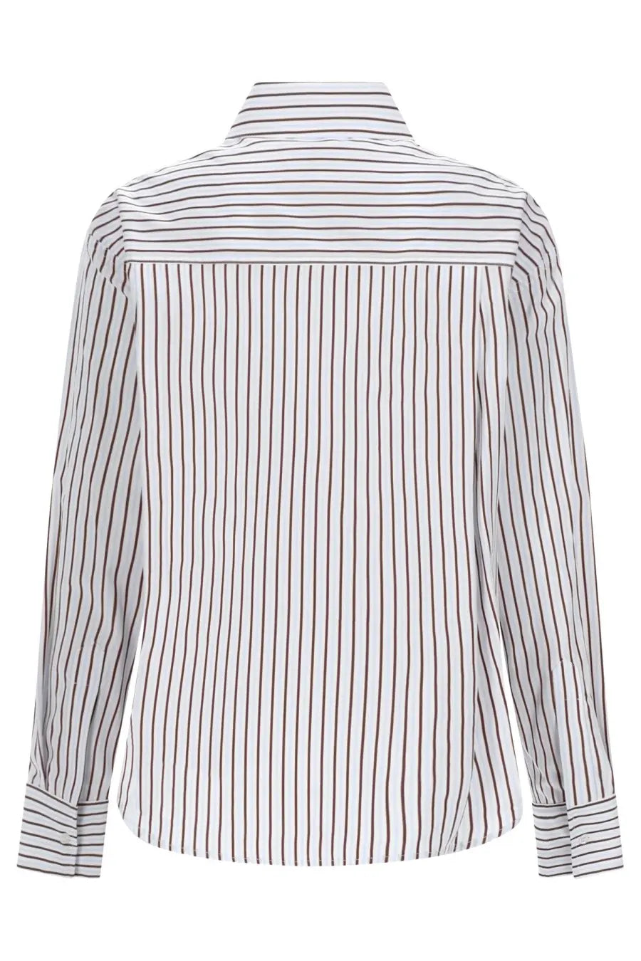 A crisp white loulou de saison women’s camicia maud shirt with thin dark gray vertical stripes and classic collar