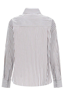A crisp white loulou de saison women’s camicia maud shirt with thin dark gray vertical stripes and classic collar