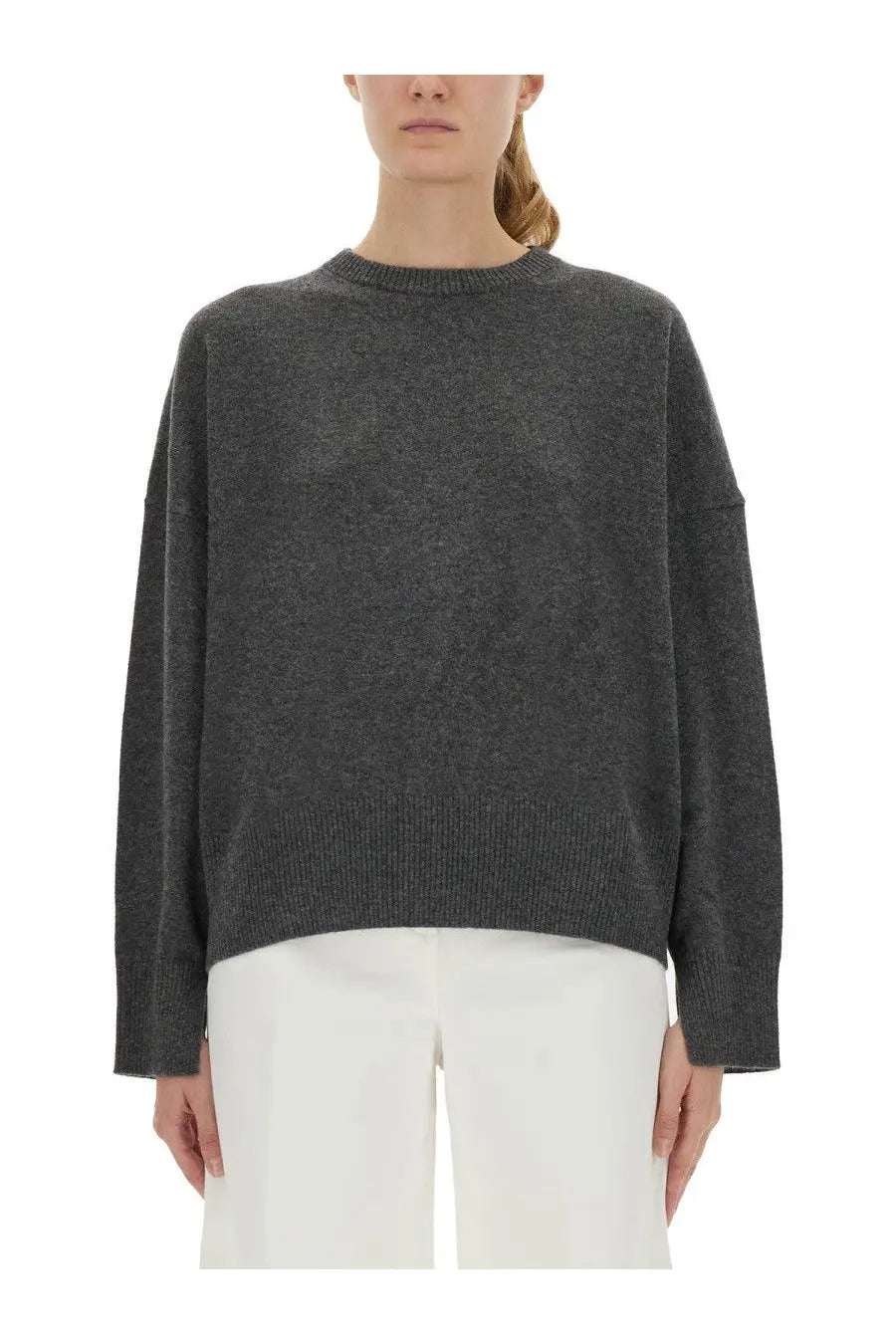 Loulou de Saison women’s grey cashmere sweater with dark grey softly textured knit and ribbed cuffs in relaxed fit