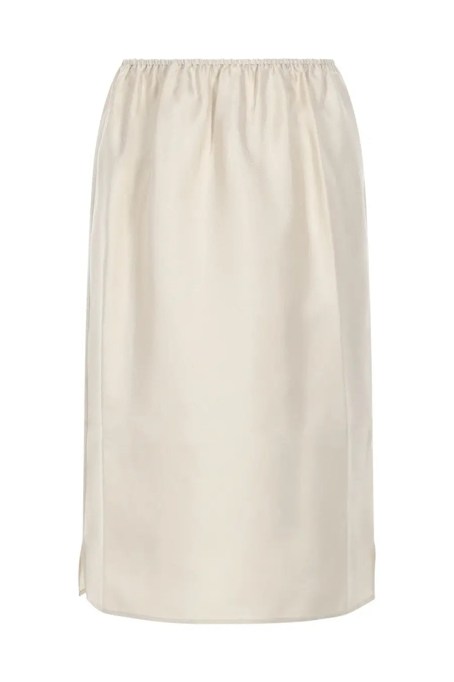 Cream-colored high-waisted midi skirt by Loulou De Saison with smooth satin finish and subtle side slits