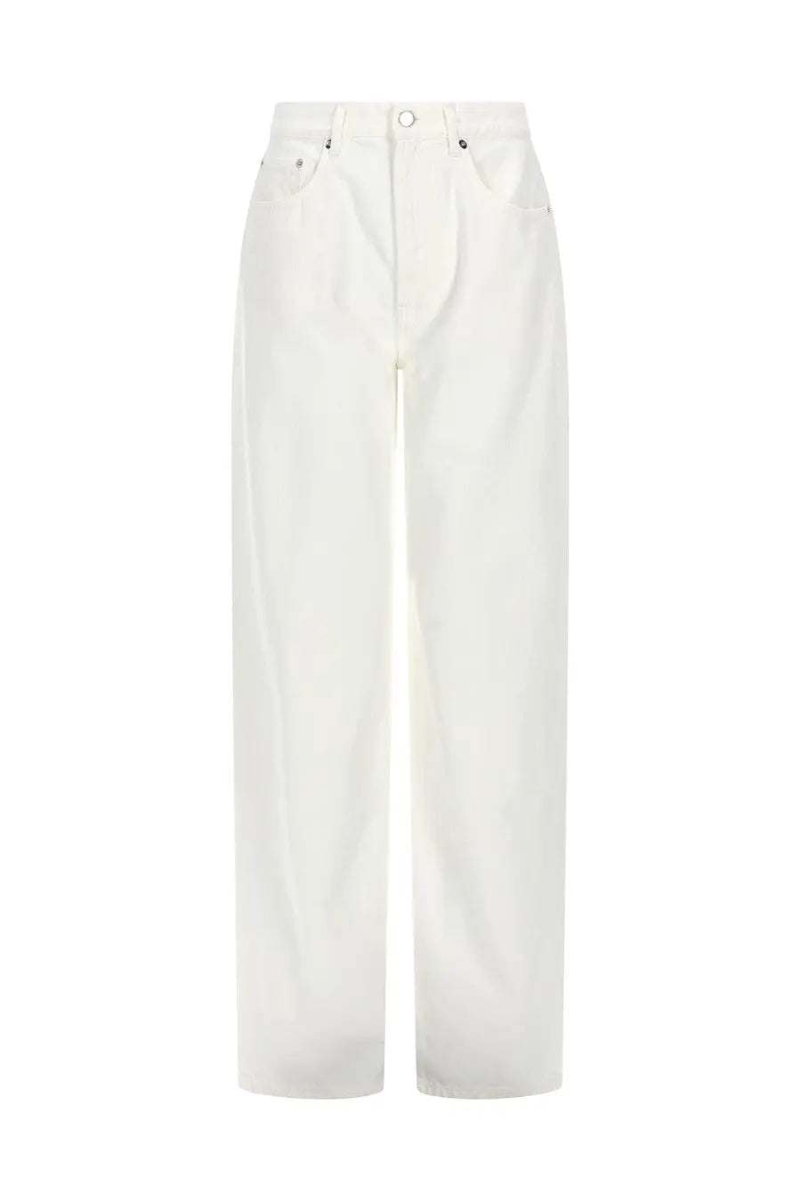 White high-waisted wide-leg denim pants with minimalist design and subtle stitching from loulou de saison