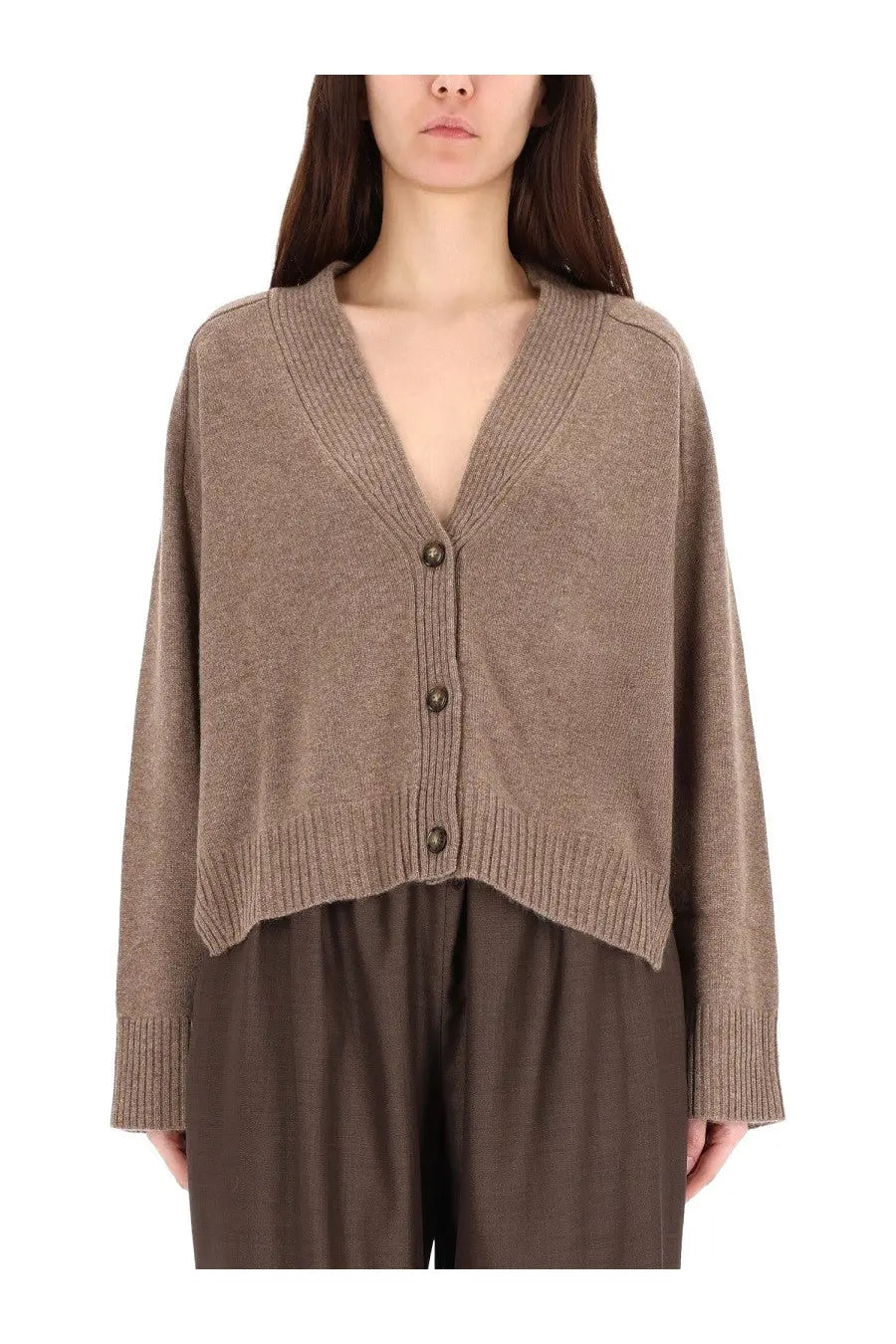 A soft taupe knit v-neck cardigan with button closure from loulou de saison womens kaia lds cardigan beige