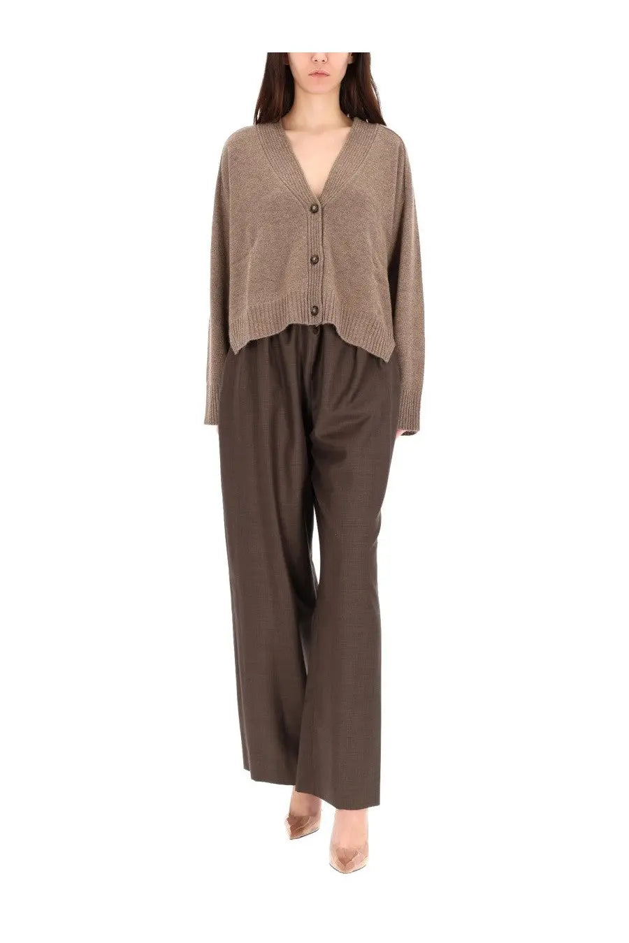A taupe textured knit v-neck cardigan with button closure paired with cove brown loulou de saison women’s pants