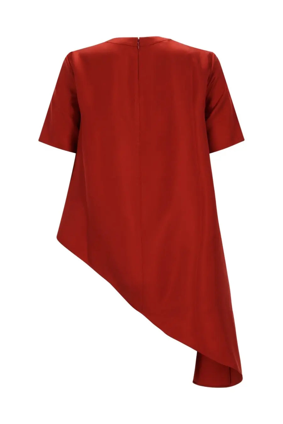 A sleek crimson loulou de saison women’s top with short sleeves and asymmetrical hemline made of soft fabric