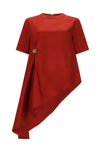 Loulou De Saison women’s asymmetrical red top with short sleeves satin fabric and gold circular button detail