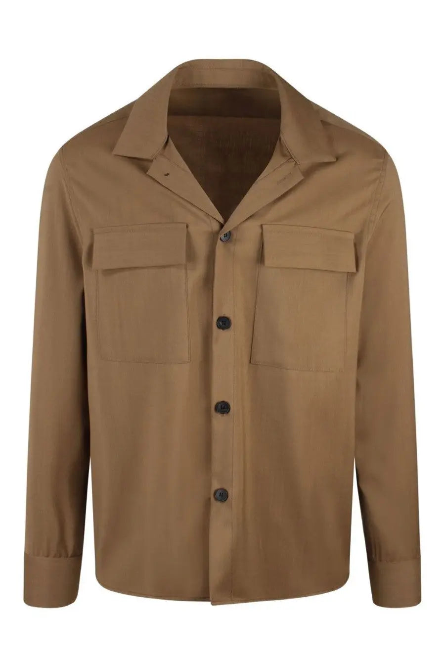 Tan low brand men’s camicia in lana brown with black buttons and two chest pockets made of wool fabric