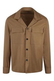 Tan low brand men’s camicia in lana brown with black buttons and two chest pockets made of wool fabric