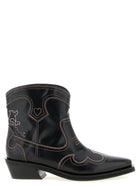 Ganni Low Shaft Embroidered Western Ankle Boots Black