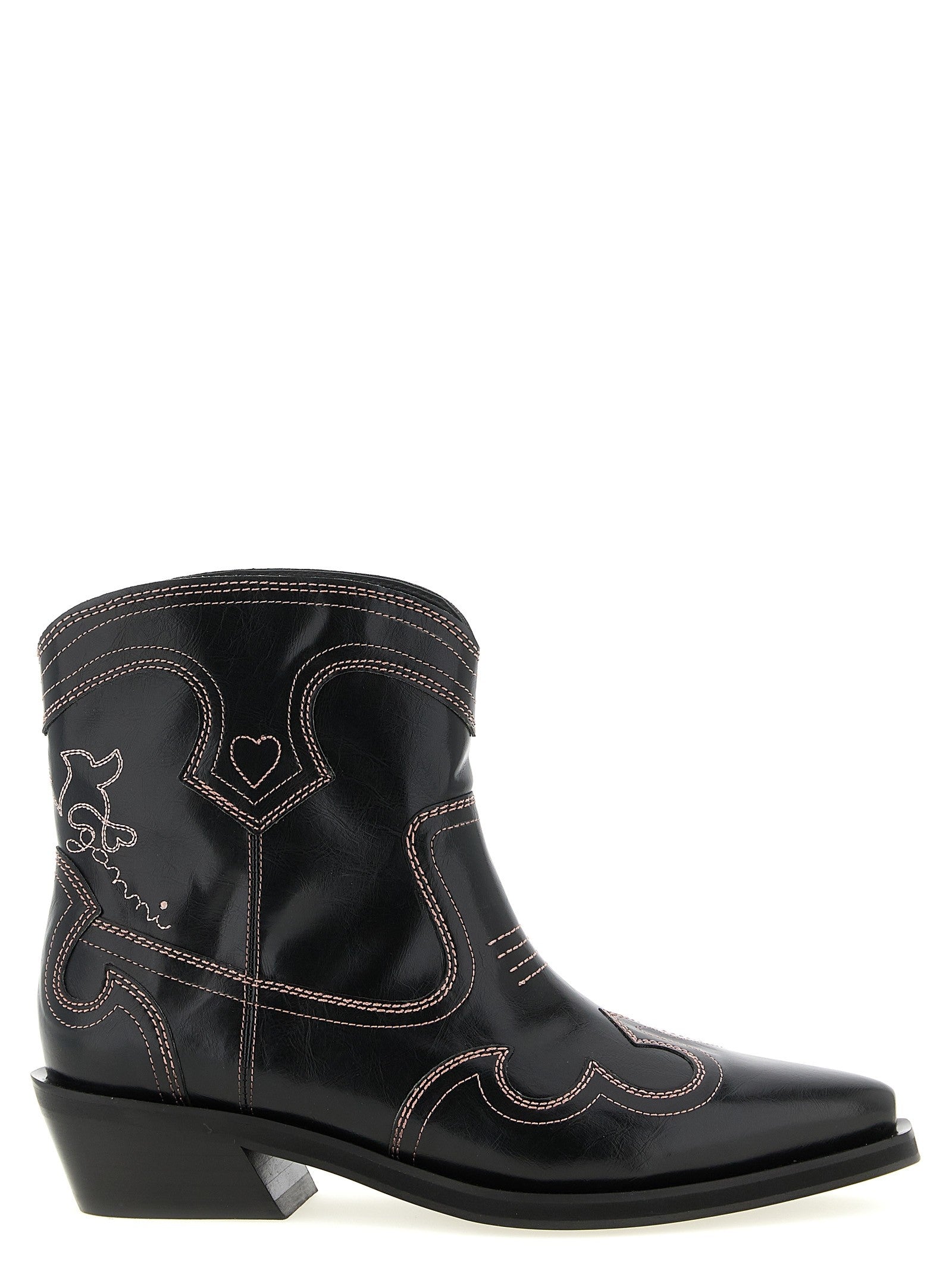 Ganni Low Shaft Embroidered Western Ankle Boots Black