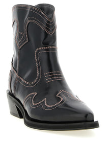 Ganni Low Shaft Embroidered Western Ankle Boots Black