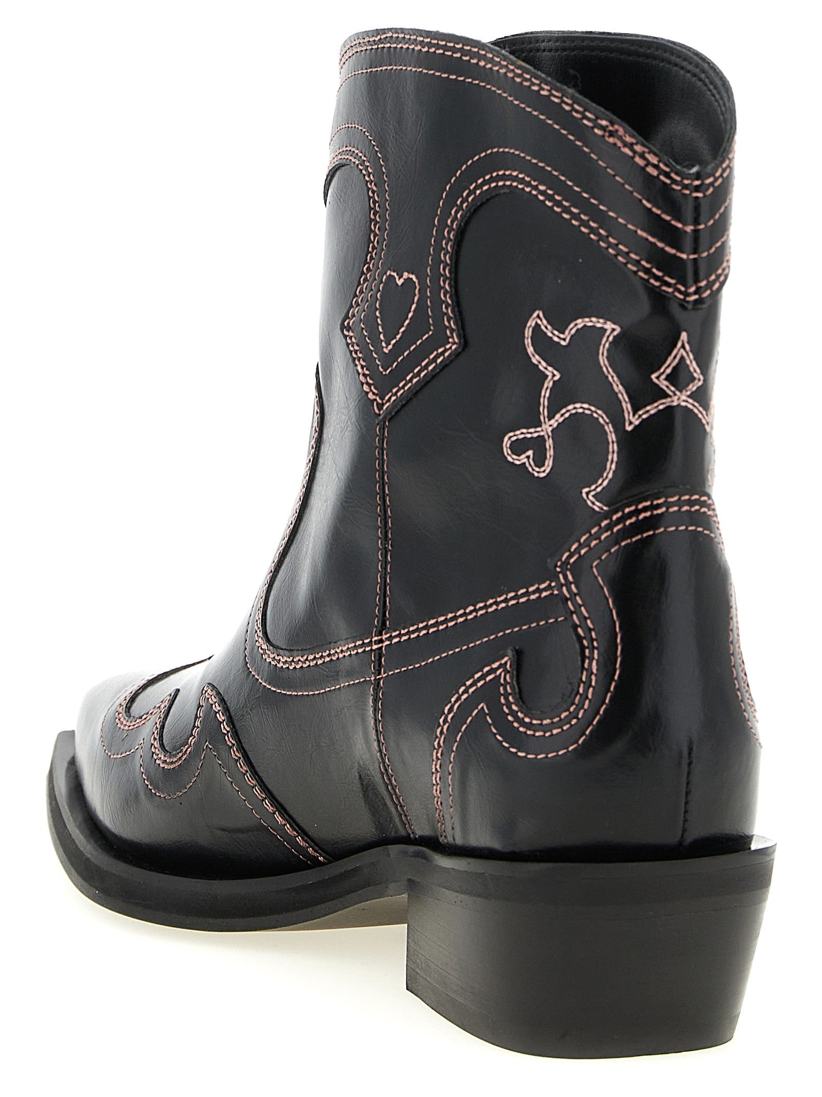 Ganni Low Shaft Embroidered Western Ankle Boots Black