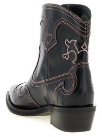 Ganni Low Shaft Embroidered Western Ankle Boots Black