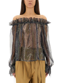 Saint Laurent Women's Lurex Silk Creponne Top Blue