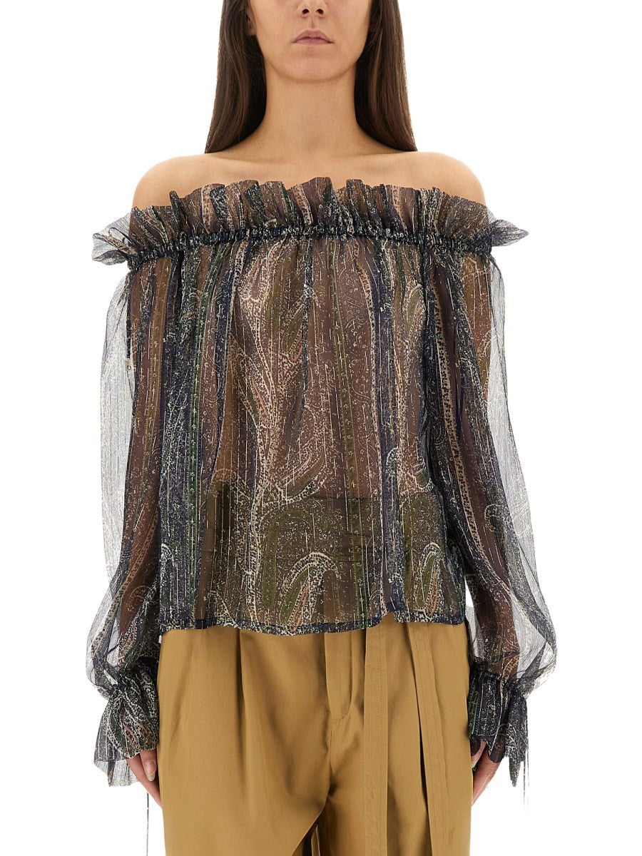 Saint Laurent Women's Lurex Silk Creponne Top Blue