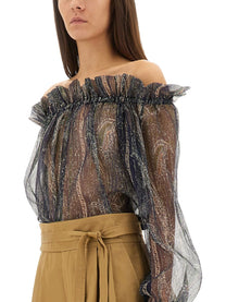 Saint Laurent Women's Lurex Silk Creponne Top Blue, view 4
