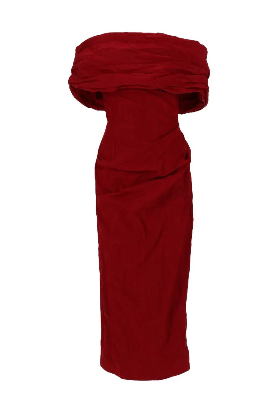 A deep red, off-the-shoulder midi dress with a draped, ruched bodice and smooth fabric.