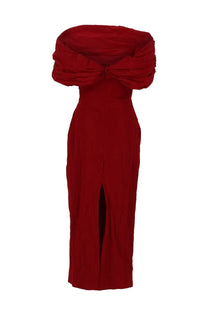 Magda Butrym women’s abito off shoulder midi drappeggiato red deep red gown with draped bodice and front slit
