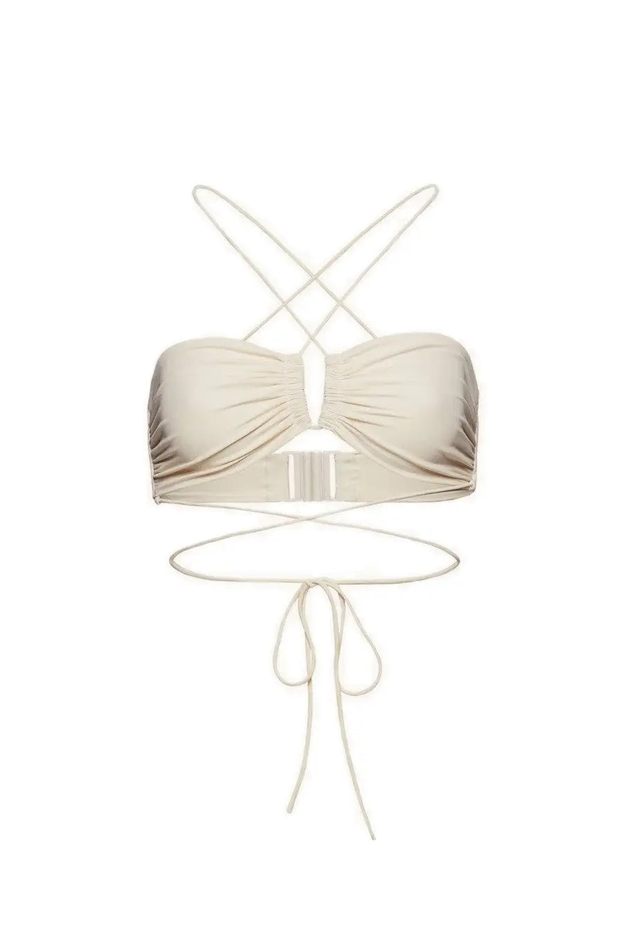 Beige strapless bandeau bikini top by magda butrym with crisscross back and tied front straps for women