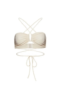 Beige strapless bandeau bikini top by magda butrym with crisscross back and tied front straps for women