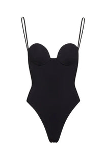 Magda Butrym women’s black bustier swimsuit with thin spaghetti straps and sweetheart neckline in one-piece design