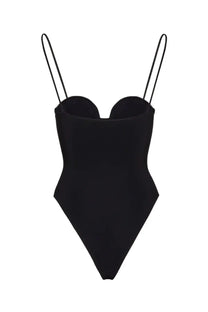 Magda butrym women’s black bustier swimsuit with thin spaghetti straps and sweetheart neckline in one-piece design