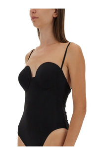Magda Butrym women’s black one-piece swimsuit with thin straps and structured supportive bustier design