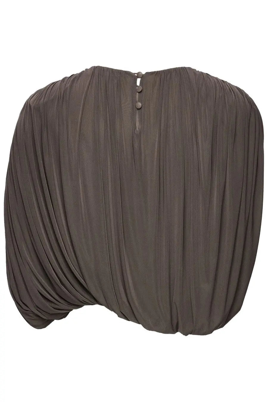 Back view of magda butrym women’s draped cupro top in charcoal gray with pleated fabric and three matching buttons