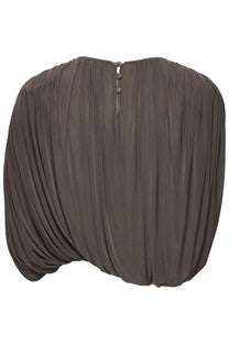 Back view of magda butrym women’s draped cupro top in charcoal gray with pleated fabric and three matching buttons