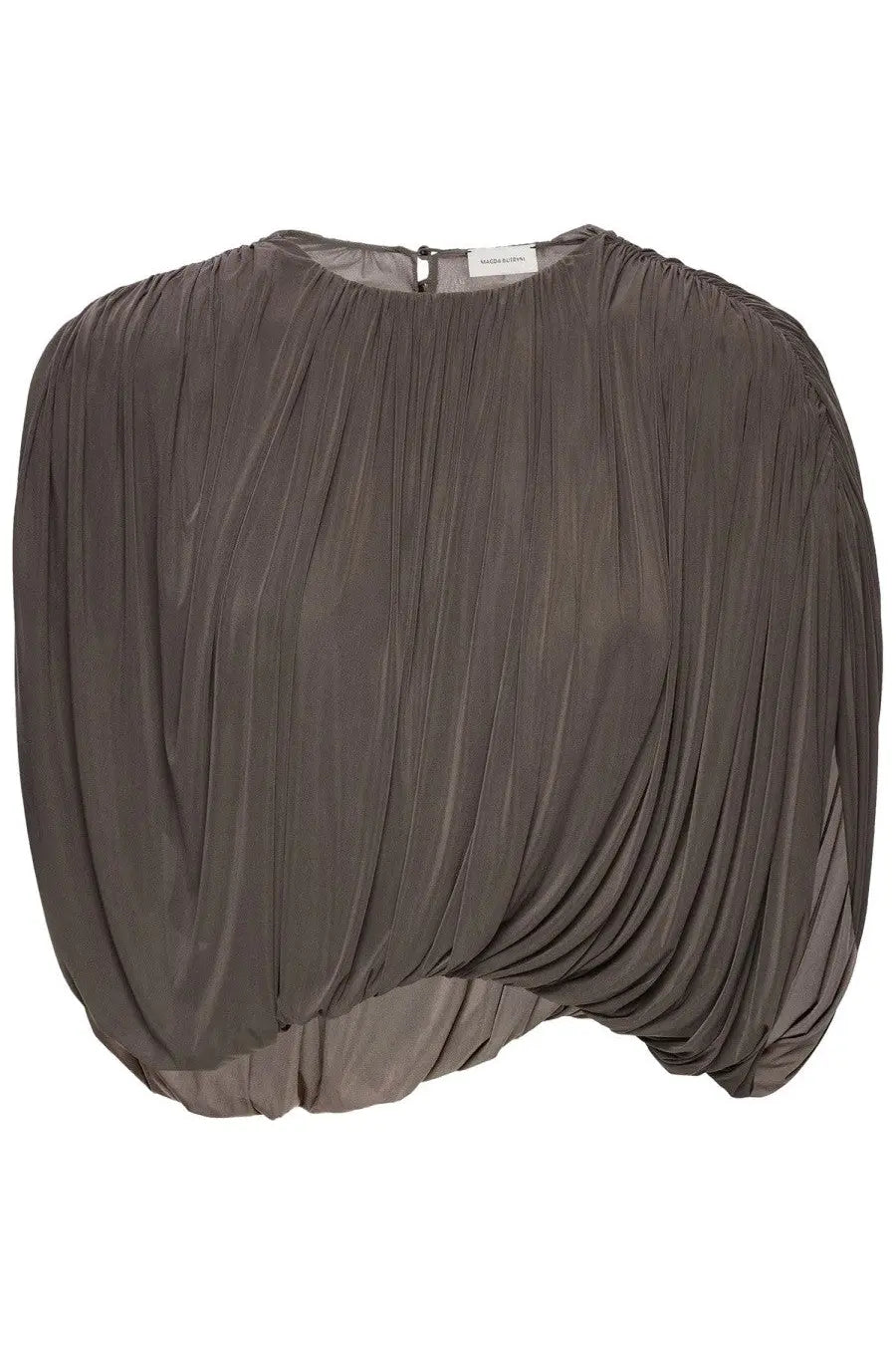 Magda Butrym women’s draped charcoal-gray pleated cupro top with a soft flowing silhouette and subtle texture